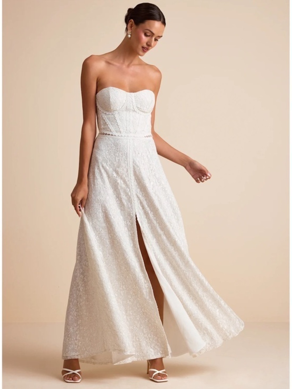 NWT Lulu’s Eldoria White Lace Strapless Bustier Maxi Wedding Dress Romantic Chic